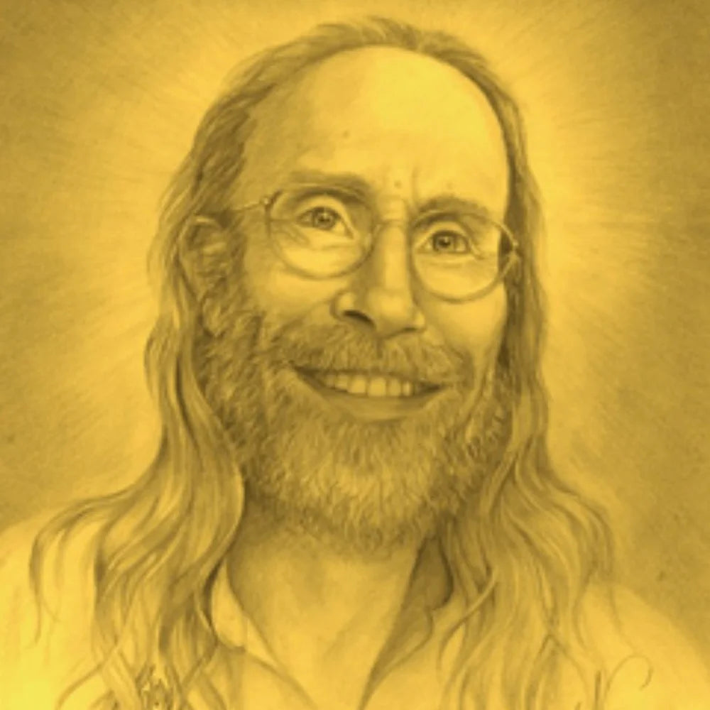 Portrait of Keith Wilson with long hair and glasses on a yellow background