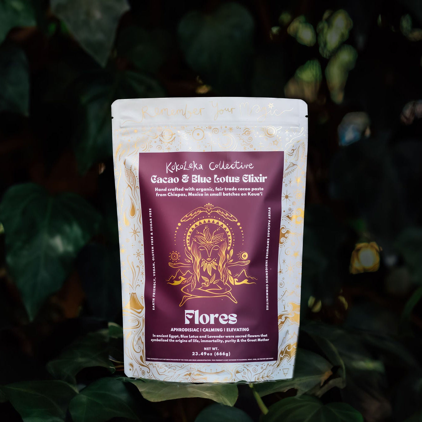 Product packaging with a purple label on a leafy background